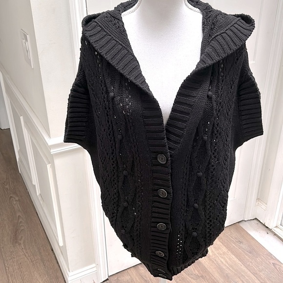 Moda Intl Womens Black Cotton Hooded Cable Knit Cardigan S Dark Academia Cozy - Picture 5 of 11